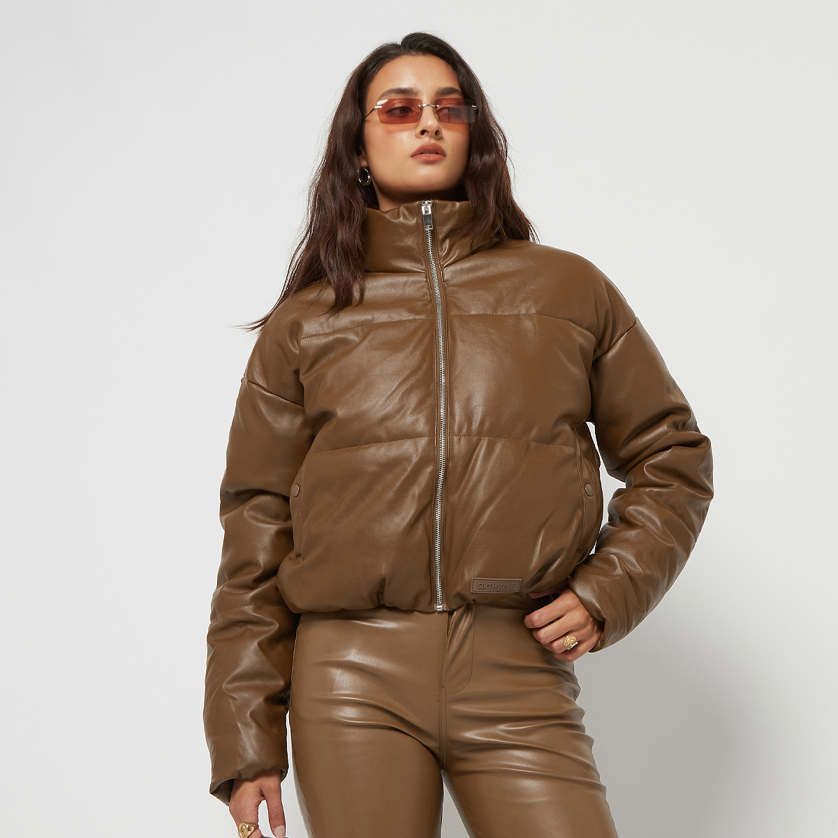 Sixth June Faux Leather Puffer Jacket Parka's Kleding brown maat: S beschikbare maaten:XS S M L