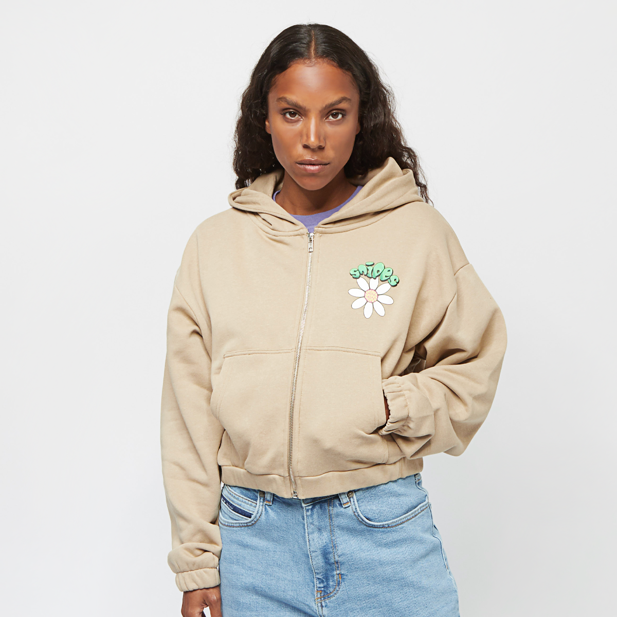 Small Bold Logo Flower Cropped Oversized Zip Hoodie