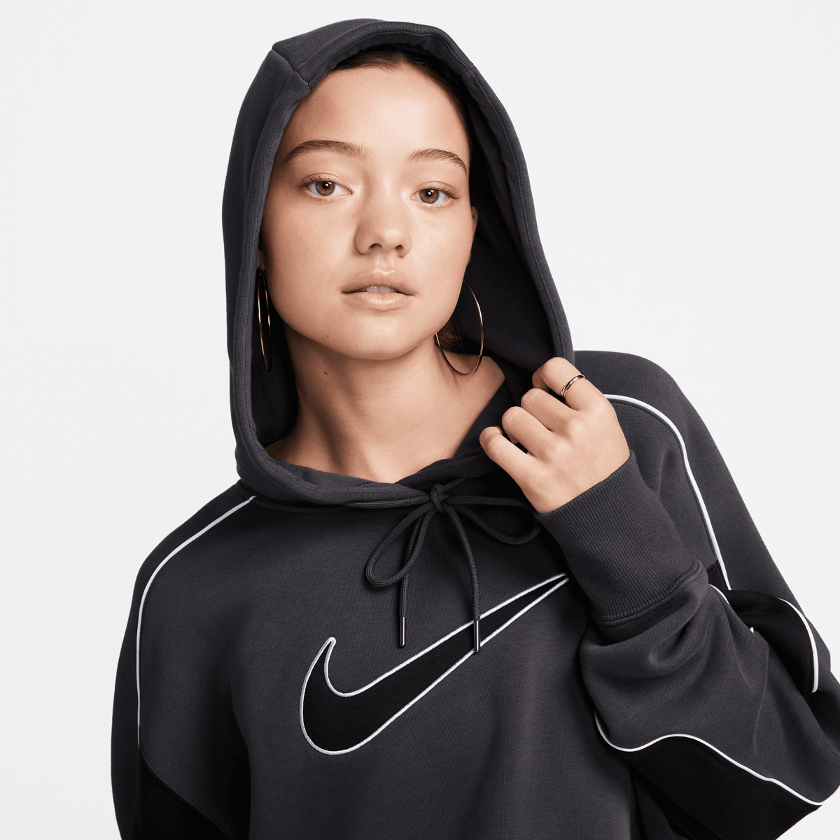 Nike Sportswear Fleece Oversized Pullover Swoosh Hoodies Dames anthracite black white maat: XS beschikbare maaten:XS L