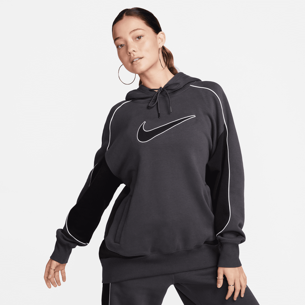 Nike Sportswear Fleece Oversized Pullover Swoosh Hoodies anthracite black white maat: XS beschikbare maaten:XS L