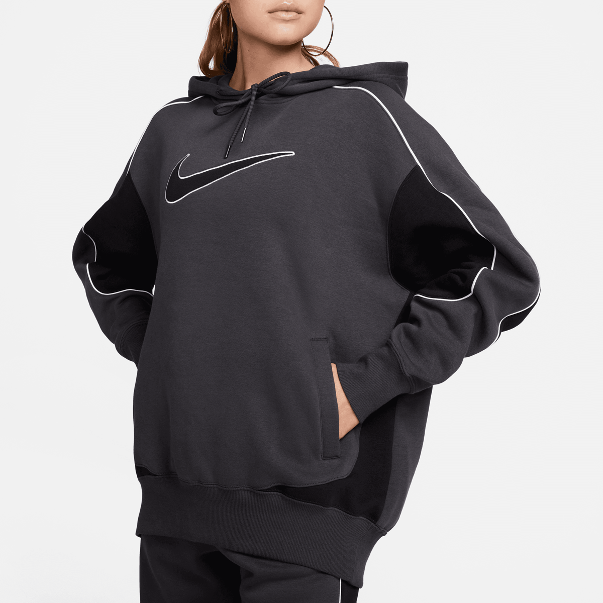 Nike Sportswear Fleece Oversized Pullover Swoosh Hoodies Dames anthracite black white maat: XS beschikbare maaten:XS L